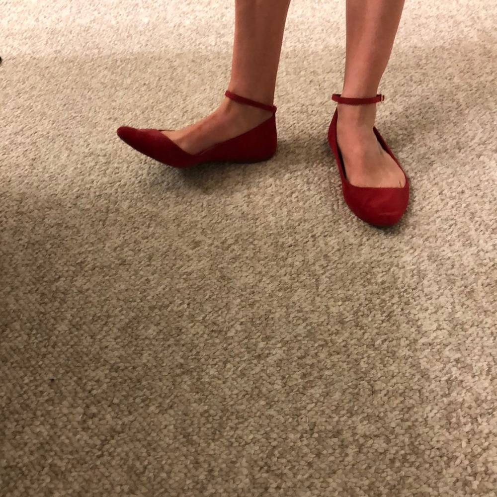 Red suede flats size 7.5 with small gold buckle